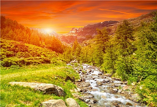 彩色,日落,河,阿尔卑斯山