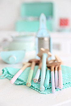 旧式,木勺,淡色调,青绿色,花边,装饰垫布