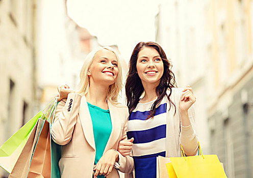 销售,购物,旅游,高兴,人,概念,两个,美女,女人,购物袋