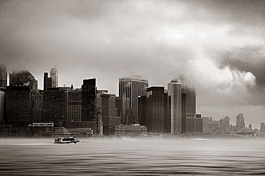 纽约,市区,商务区,雾状,白天,渡船