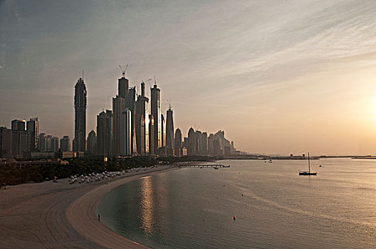 日落,海滩,地平线,迪拜