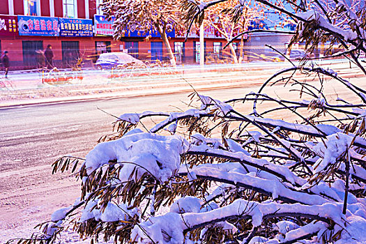 大雪晚上的车流