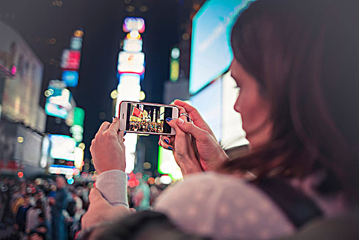 女人,摄影,智能手机,时代广场,纽约,美国,北美
