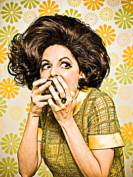 女人,20世纪60年代,风格,连衣裙,花,壁纸,看,害怕