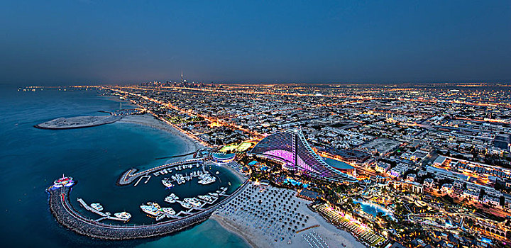 城市,迪拜,阿联酋,黄昏,海岸线,波斯湾,码头,前景