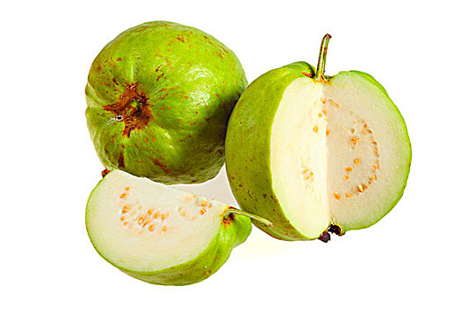 两个,苹果,番石榴,水果,一个,切削,白色背景