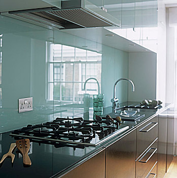 厨房,不锈钢,柜厨,玻璃,后面,墙壁