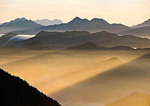 太阳光线,雾气,风景,巴伐利亚,上巴伐利亚,德国,欧洲