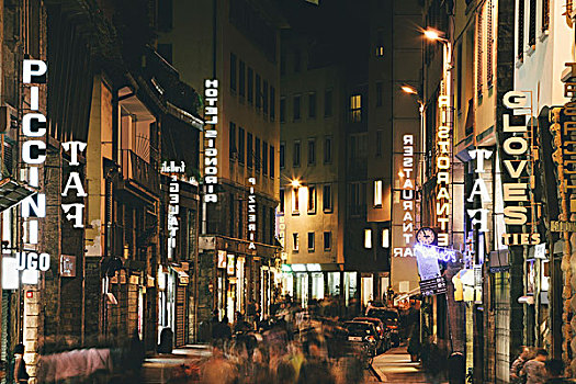 街道,佛罗伦萨,夜晚,照亮,霓虹灯,古建筑,光亮,长时间曝光,人,走