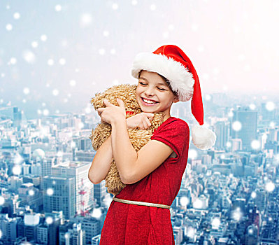 休假,礼物,圣诞节,孩子,人,概念,微笑,女孩,圣诞老人,帽子,泰迪熊,上方,雪,城市,背景