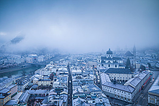 奥地利,萨尔茨堡,城市风光,冬天,雾