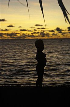 男孩,海滩,日落,岛屿,基里巴斯,密克罗尼西亚