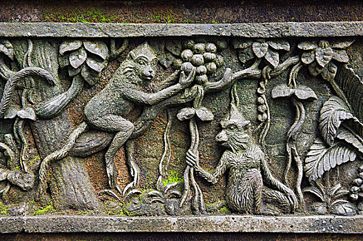 浮雕,短尾猿,猴子,树林,庙宇,乌布,巴厘岛,印度尼西亚,亚洲