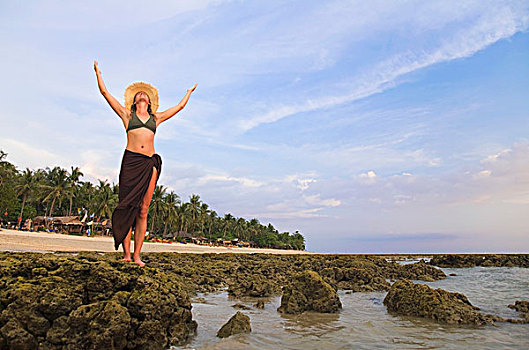 女人,抬臂,海滩,泰国