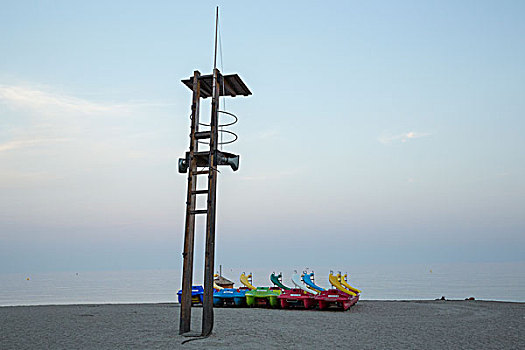 海滩,救生员,瞭望塔,彩色,踏板船,黄昏