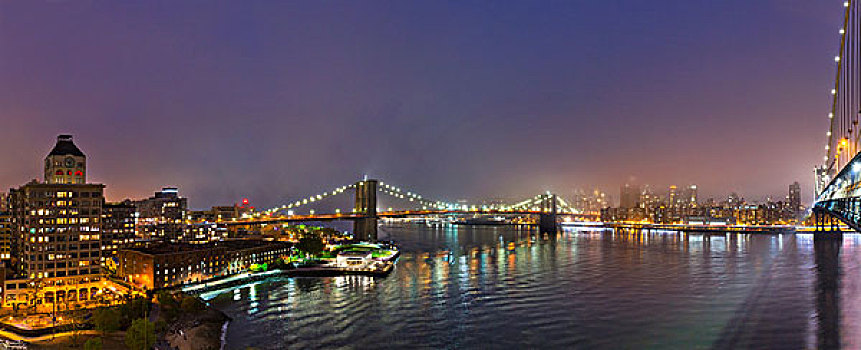 全景,布鲁克林,曼哈顿,桥,夜晚,纽约,美国