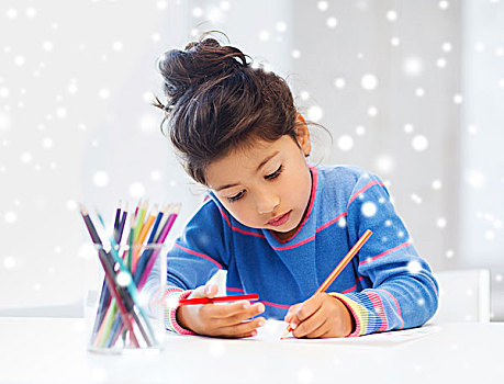 创意,孩子,人,概念,小女孩,铅笔,绘画,在家