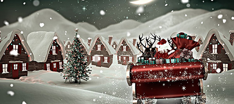合成效果,图像,圣诞老人,飞,雪撬,可爱,圣诞节,乡村,夜晚