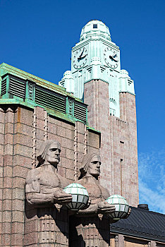 中央车站,新艺术,塑像,雕塑,建筑,赫尔辛基,芬兰,欧洲