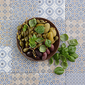 盘子,橄榄,马槟榔,地中海,药草,蓝色背景,图案,砖瓦