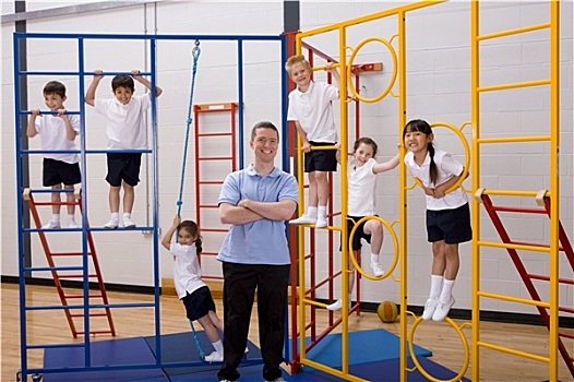 健身房,教师,帮助,学生,攀登,攀登器材