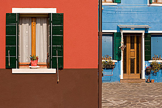 意大利,威尼斯,布拉诺岛,对比,彩色,窗户,门,墙壁