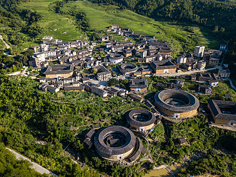 航拍中国福建初溪客家土楼群