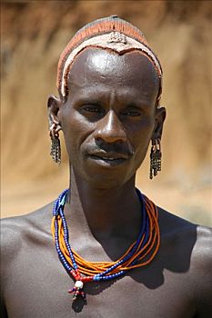 肖像,男人,彩色,发型,粘土,穿,项链,金卡,埃塞俄比亚,非洲