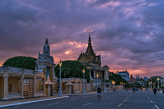 皇宫,黄昏,金边,省,柬埔寨,亚洲