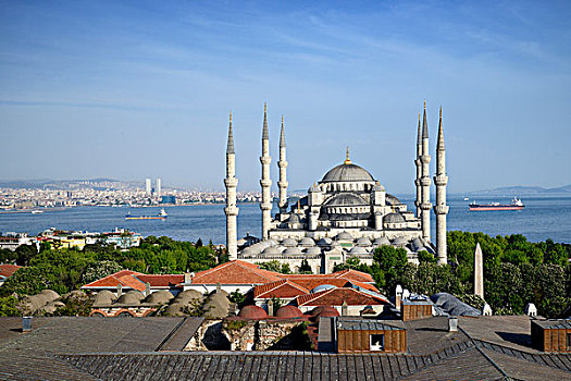 土耳其,伊斯坦布尔,藍色清真寺,地区,蓝色清真寺,清真寺,油轮,博斯普鲁斯海峡