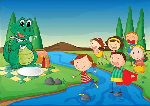 儿童,鳄鱼,野餐