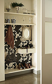 衣柜,花,黑白,壁纸,玻璃,装饰,架子