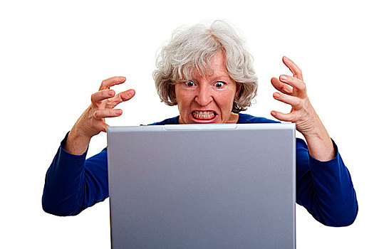 沮丧,老年,女人,叫,笔记本电脑