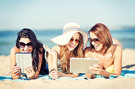 暑假,科技,互联网,概念,女孩,比基尼,平板电脑,日光浴,海滩