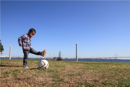 日本人,男孩,玩,足球,3岁