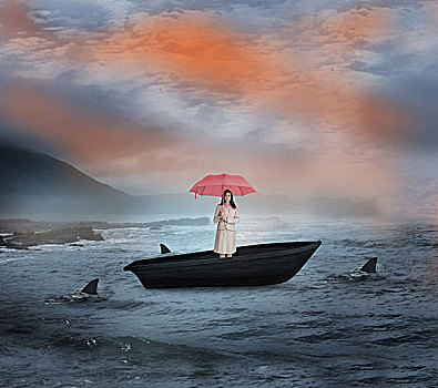 魅力,职业女性,拿着,红色,伞,帆船