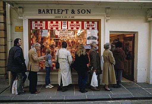 队列,屠夫,店,圣诞时节,英格兰,英国,20世纪80年代