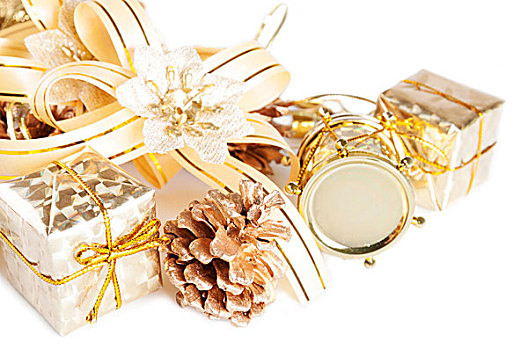 金色,圣诞装饰,礼物,白色背景