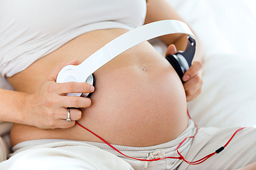 孕妇,放,耳机,腹部