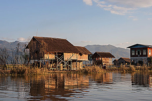 传统,房子,茵莱湖,夜光,掸邦,缅甸,亚洲