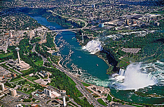 俯视,夏天,美洲瀑布,靠近,婚纱瀑,风景,背景,加拿大,马蹄铁瀑布,相似,城市,分开,尼亚加拉河,连接,彩虹桥,尼亚加拉瀑布