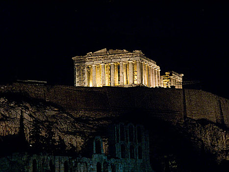 帕特侬神庙,照亮,向上,午夜,高处,卫城,雅典,希腊,十二月,2008年