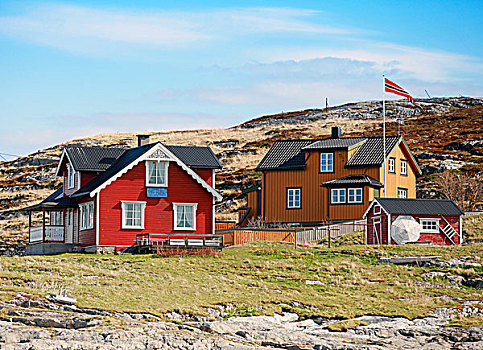 挪威,乡村,彩色,木屋,岩石,海岸