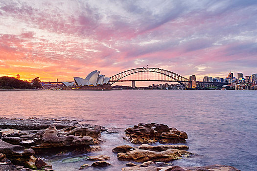 悉尼歌剧院,悉尼港大桥,摩天大楼,黃昏,悉尼,新南威尔士,澳大利亚,大洋洲