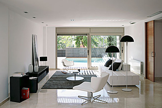 现代生活,房间,黑白,白色,旋轴,椅子,落地灯,灯罩,靠近,现代,沙发