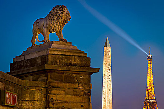 狮子,雕塑,远眺,埃及,方尖塔,地点,协和飞机,埃菲尔铁塔,巴黎,法国