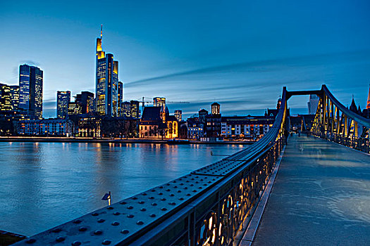 风景,桥,上方,天际线,法兰克福,德国商业银行,摩天大楼,黑森州,德国,欧洲