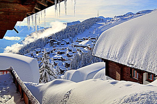 乡村,风景,积雪,房子,贝特默阿尔卑,阿莱奇地区,瓦莱,瑞士,欧洲