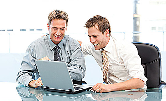 两个,高兴,商务人士,协作,笔记本电脑,坐,桌子,办公室