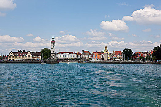 港口,灯塔,狮子,纪念建筑,右边,康士坦茨湖,巴伐利亚,德国,欧洲